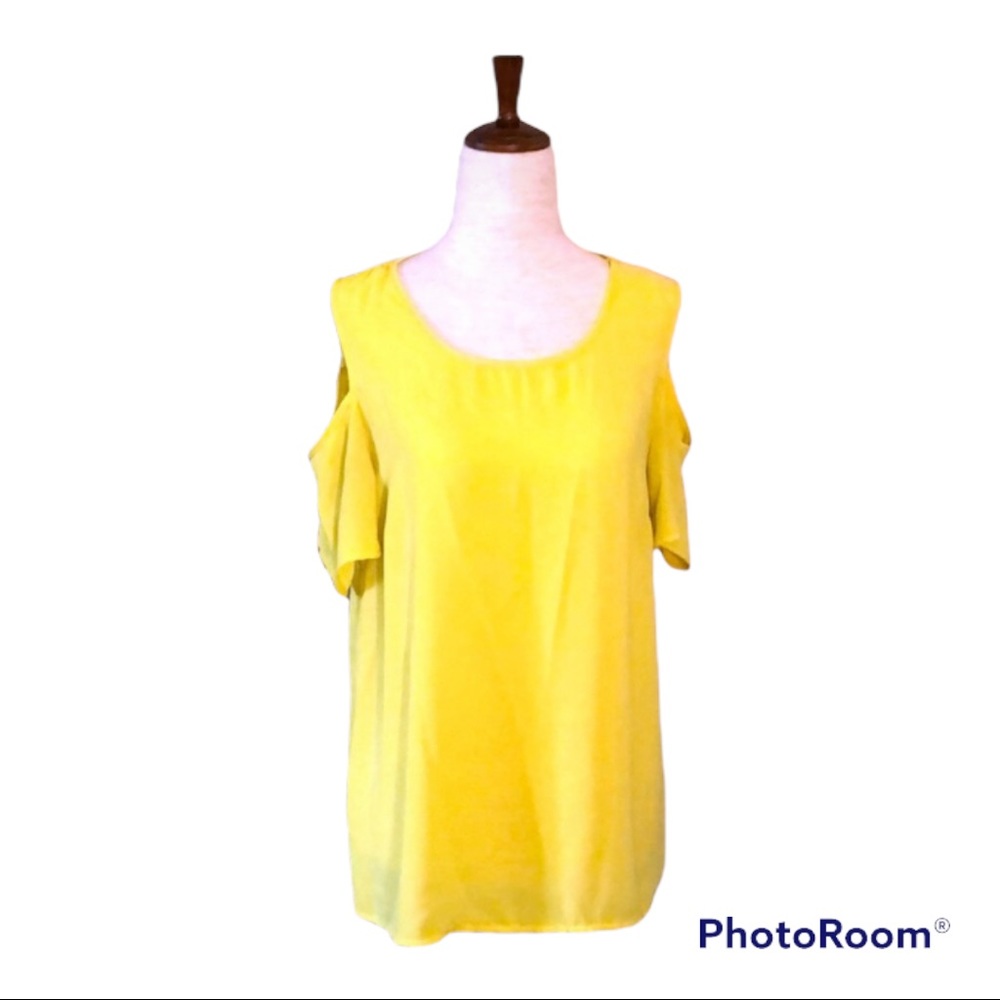 TACERA‎ Vivid Yellow Cold Shoulder Satin Top EUC S